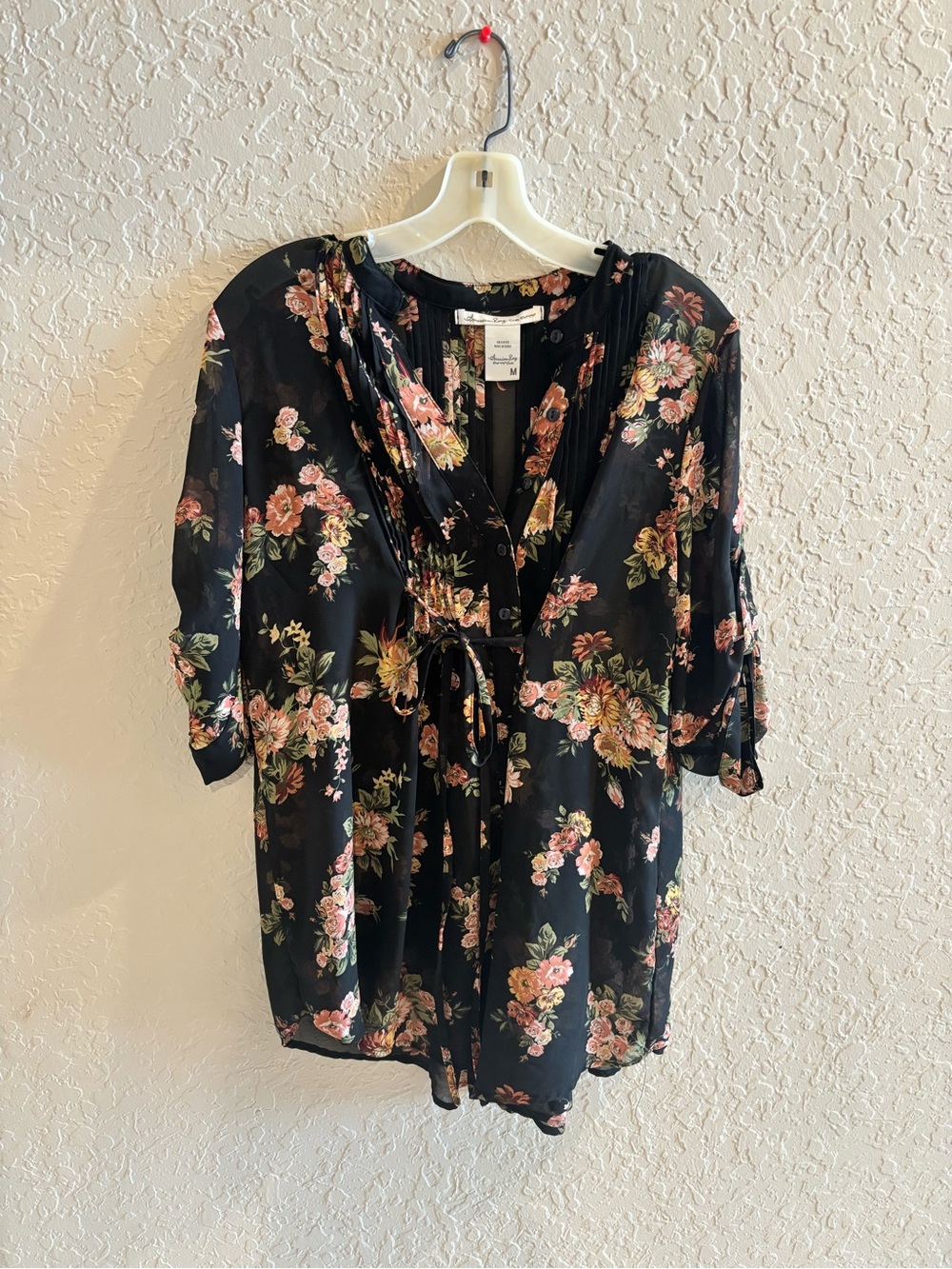 American Rag Black Floral Tie-Waist Tunic